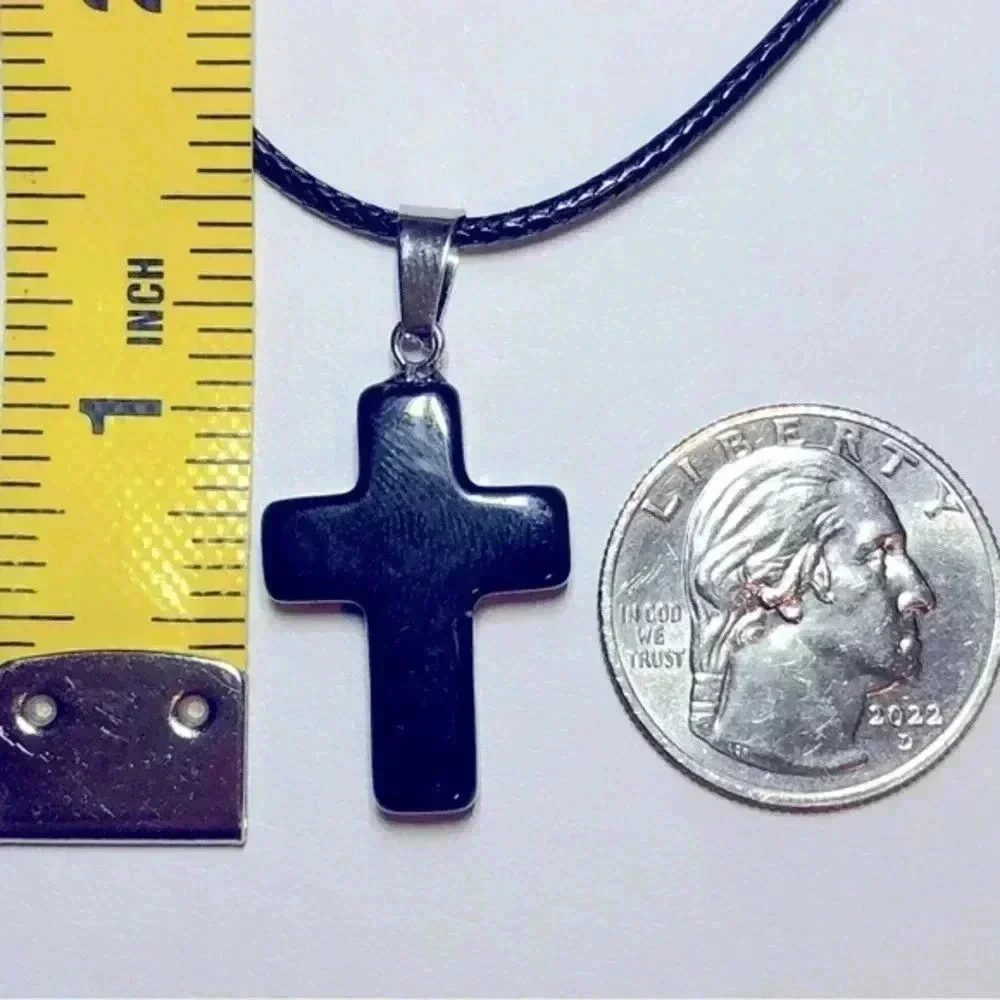 Black Onyx Cross Natural Braided Stainless Steel Necklace NWT